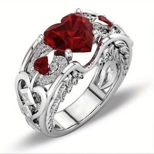 Fashion Ring with Red Heart Accents